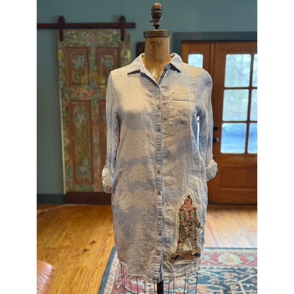 Upcycled Linen Shirt Dress Clown Patch Butterfly Back Small - Picture 8 of 10